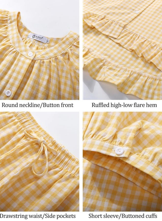Flygo Womens Gingham Pajamas Set 2 Piece Cotton Pj Lounge Sets Puff Sleeve Ruffle Babydoll Shirt Shorts Summer Outfits, Yellow, XL - Image 5