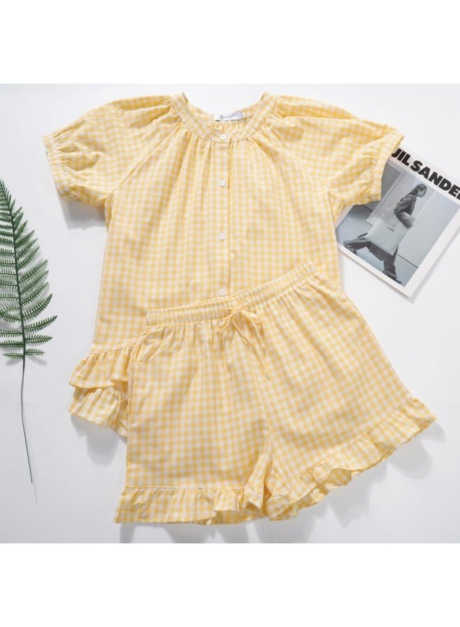 Flygo Womens Gingham Pajamas Set 2 Piece Cotton Pj Lounge Sets Puff Sleeve Ruffle Babydoll Shirt Shorts Summer Outfits, Yellow, XL - Image 3