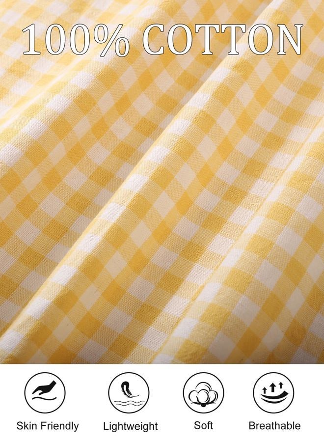 Flygo Womens Gingham Pajamas Set 2 Piece Cotton Pj Lounge Sets Puff Sleeve Ruffle Babydoll Shirt Shorts Summer Outfits, Yellow, XL - Image 4