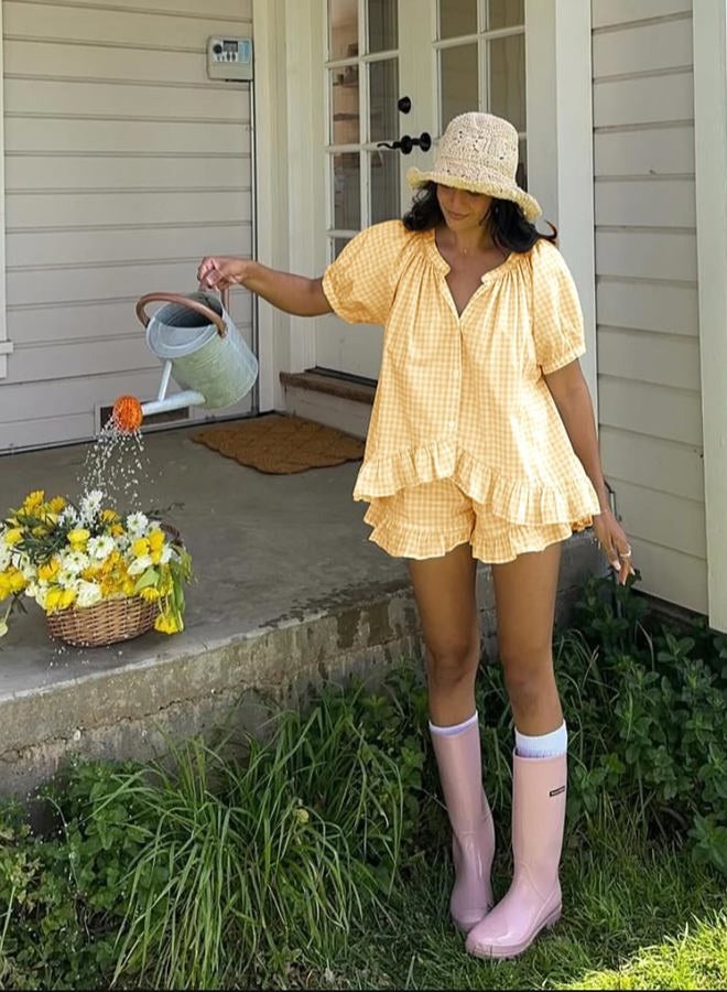 Flygo Womens Gingham Pajamas Set 2 Piece Cotton Pj Lounge Sets Puff Sleeve Ruffle Babydoll Shirt Shorts Summer Outfits, Yellow, XL - Image 2