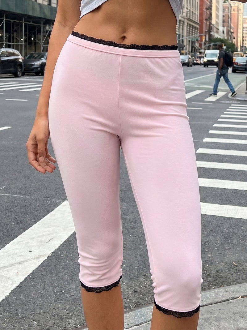 Women Capri Pants, Elastic Waist Lace Trim 3/4 Length Pants Cropped Pants for Casual Daily - Image 3