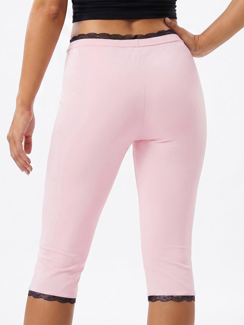 Women Capri Pants, Elastic Waist Lace Trim 3/4 Length Pants Cropped Pants for Casual Daily - Image 5