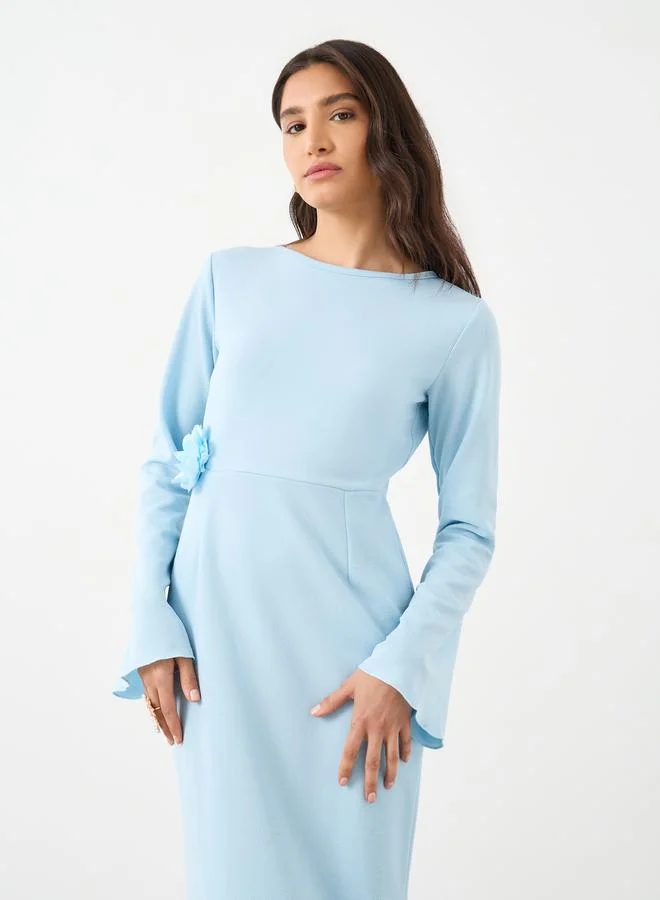 Styli Styli Textured Flower Corsage Long Sleeve Maxi Dress