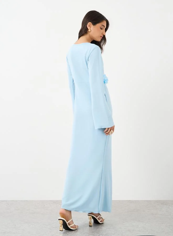 Styli Styli Textured Flower Corsage Long Sleeve Maxi Dress