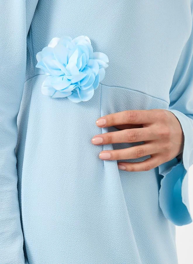 Styli Styli Textured Flower Corsage Long Sleeve Maxi Dress