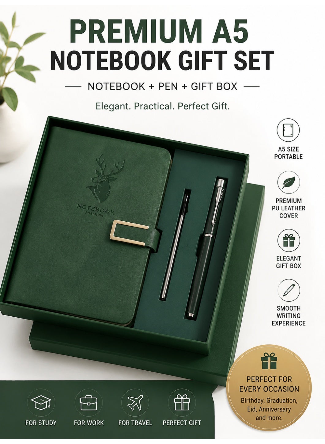 Green A5 Notebook, Portable Notepad with Pen and Gift Box, Transverse Line Diary Notebook for Women Men, Imitation leather cover design for Writing,Travel,Work & School,Home Writing