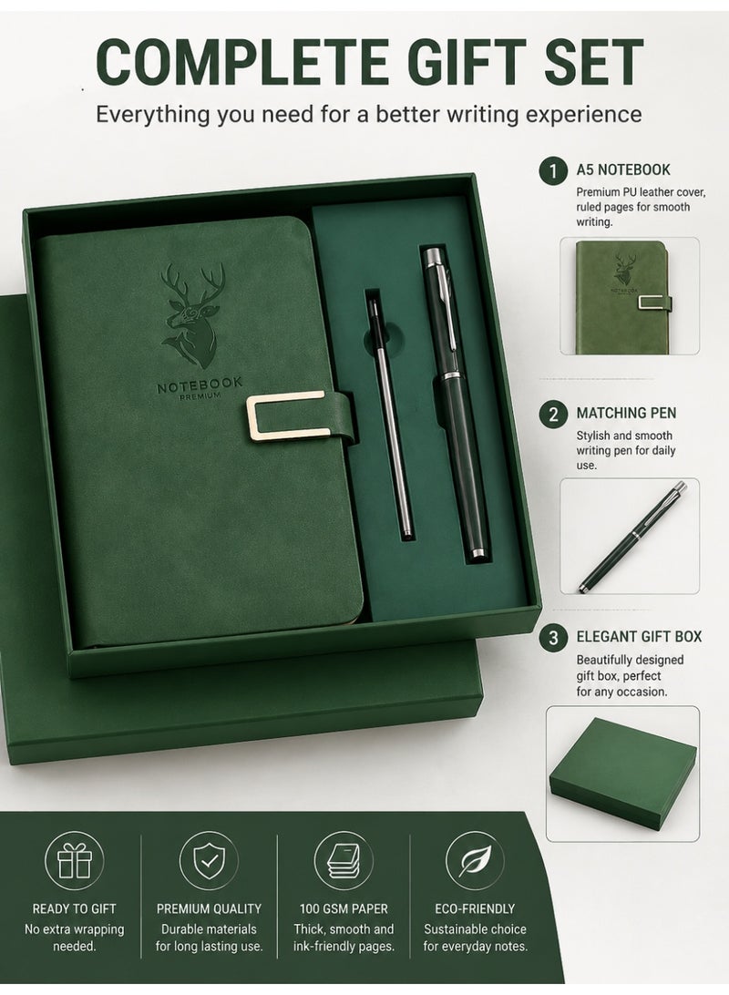 Notebook Premium A5 Notebook Gift Set with Pen and Gift Box, Green PU Leather Cover Journal Diary, Portable Writing Notebook for Office, School, Travel, Study and Daily Notes - Image 2