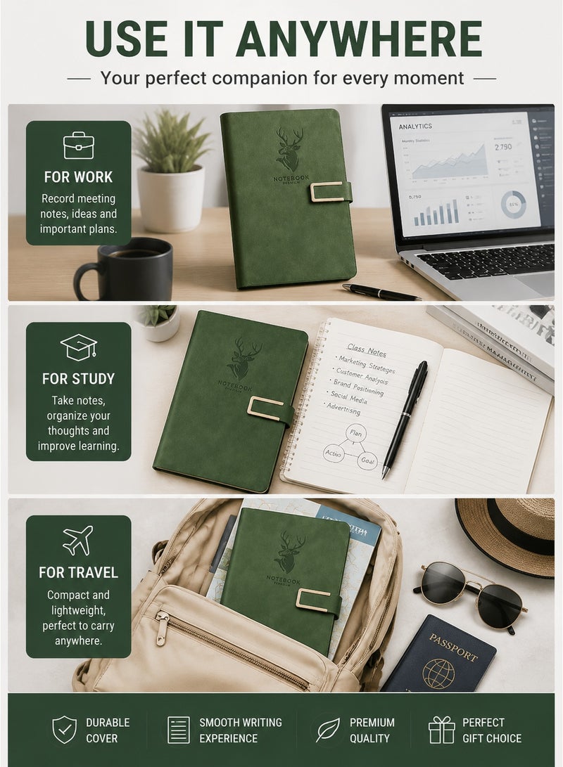 Notebook Premium A5 Notebook Gift Set with Pen and Gift Box, Green PU Leather Cover Journal Diary, Portable Writing Notebook for Office, School, Travel, Study and Daily Notes - Image 4