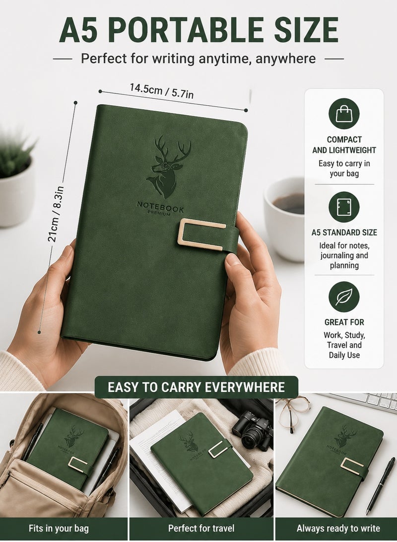 Notebook Premium A5 Notebook Gift Set with Pen and Gift Box, Green PU Leather Cover Journal Diary, Portable Writing Notebook for Office, School, Travel, Study and Daily Notes - Image 3