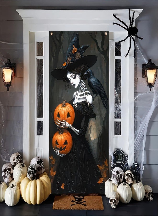 BlissYard Skeleton Witch Holding Pumpkins Door Cover Halloween Decorations 35x71 Inch Gothic Haunted House Banner for Scary Party Indoor Wall Backdrop - Image 4
