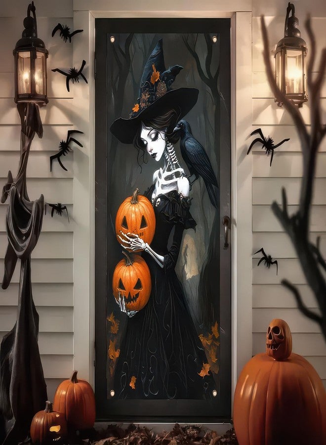 BlissYard Skeleton Witch Holding Pumpkins Door Cover Halloween Decorations 35x71 Inch Gothic Haunted House Banner for Scary Party Indoor Wall Backdrop - Image 3