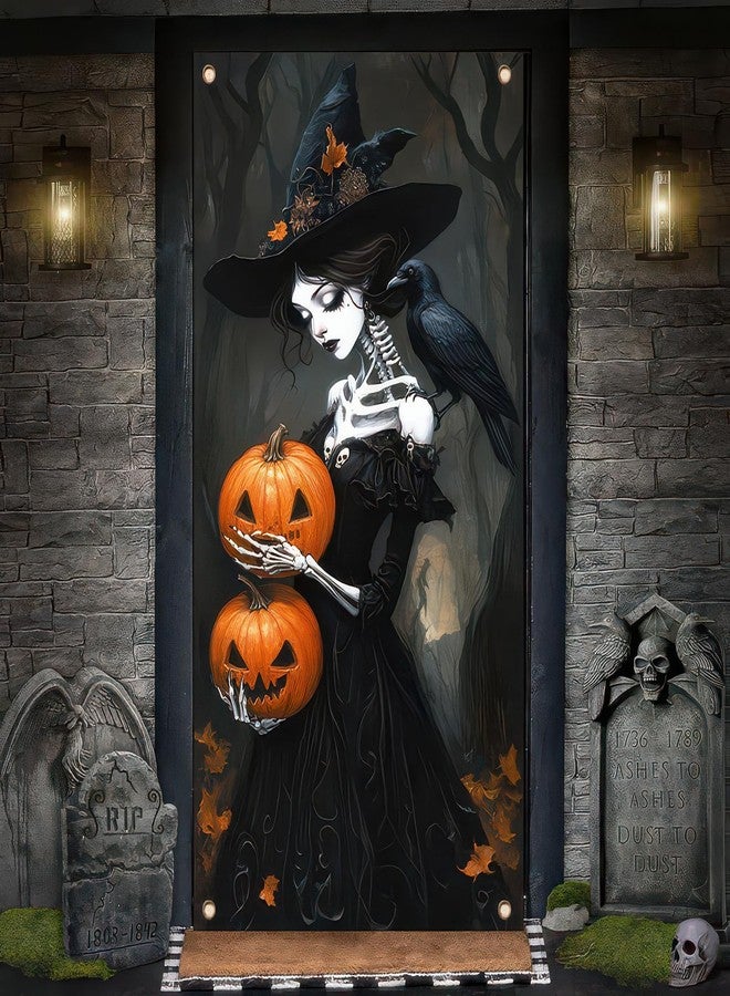 BlissYard Skeleton Witch Holding Pumpkins Door Cover Halloween Decorations 35x71 Inch Gothic Haunted House Banner for Scary Party Indoor Wall Backdrop - Image 5
