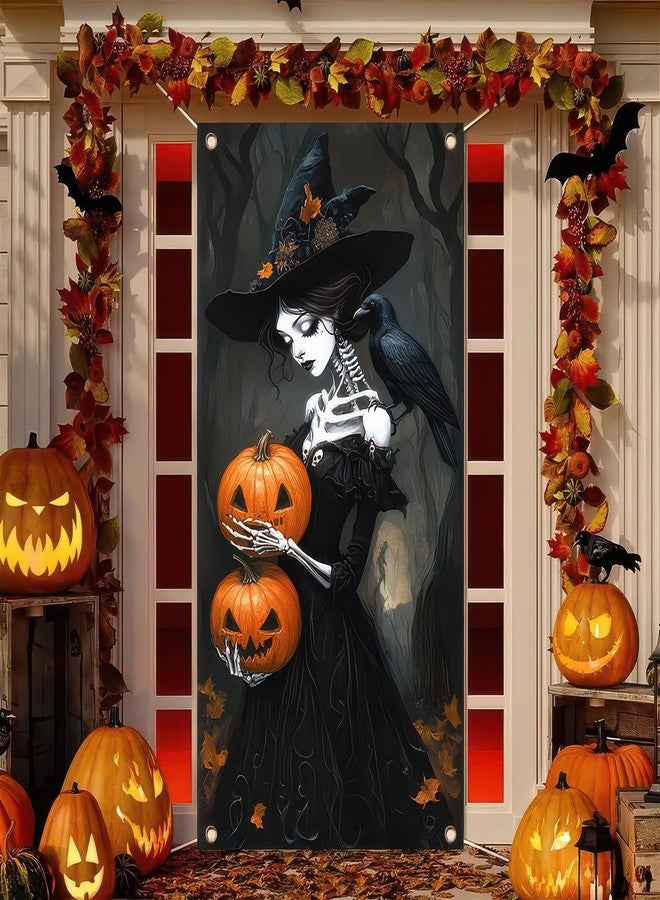 BlissYard Skeleton Witch Holding Pumpkins Door Cover Halloween Decorations 35x71 Inch Gothic Haunted House Banner for Scary Party Indoor Wall Backdrop - Image 2