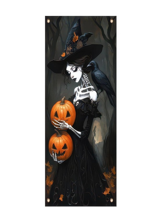 BlissYard Skeleton Witch Holding Pumpkins Door Cover Halloween Decorations 35x71 Inch Gothic Haunted House Banner for Scary Party Indoor Wall Backdrop - Image 1