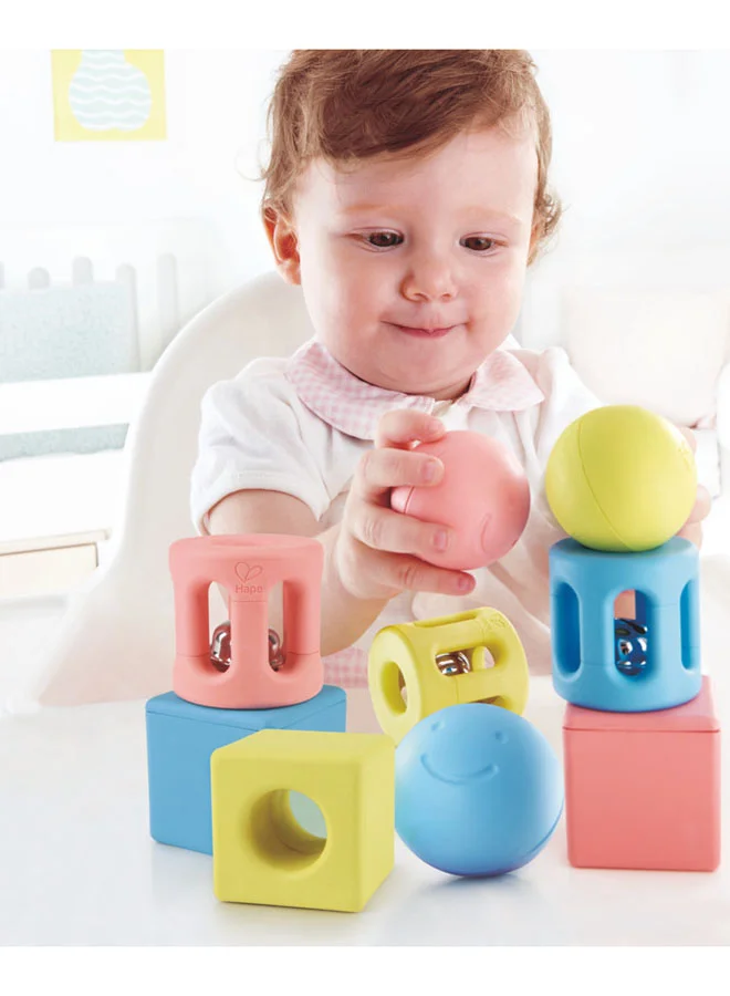 هيب Hape Infant Geometric Rattle Trio - 9pcs | Easy-to-Grip Baby Rattles Made from Rice-Based Materials | Hand-Eye Coordination & Sensory Development Toy