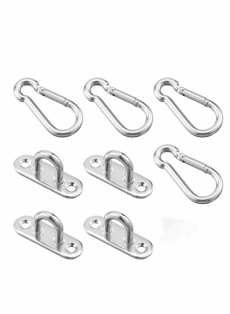 Generic 4Pcs 304 Stainless Steel Oblong Eye Pad Plate and 4 PCS Carabiner Clips 5 mm Heavy Duty Metal Hooks Metal Staple Ring Hook Hardware With 2 Holes - Image 1