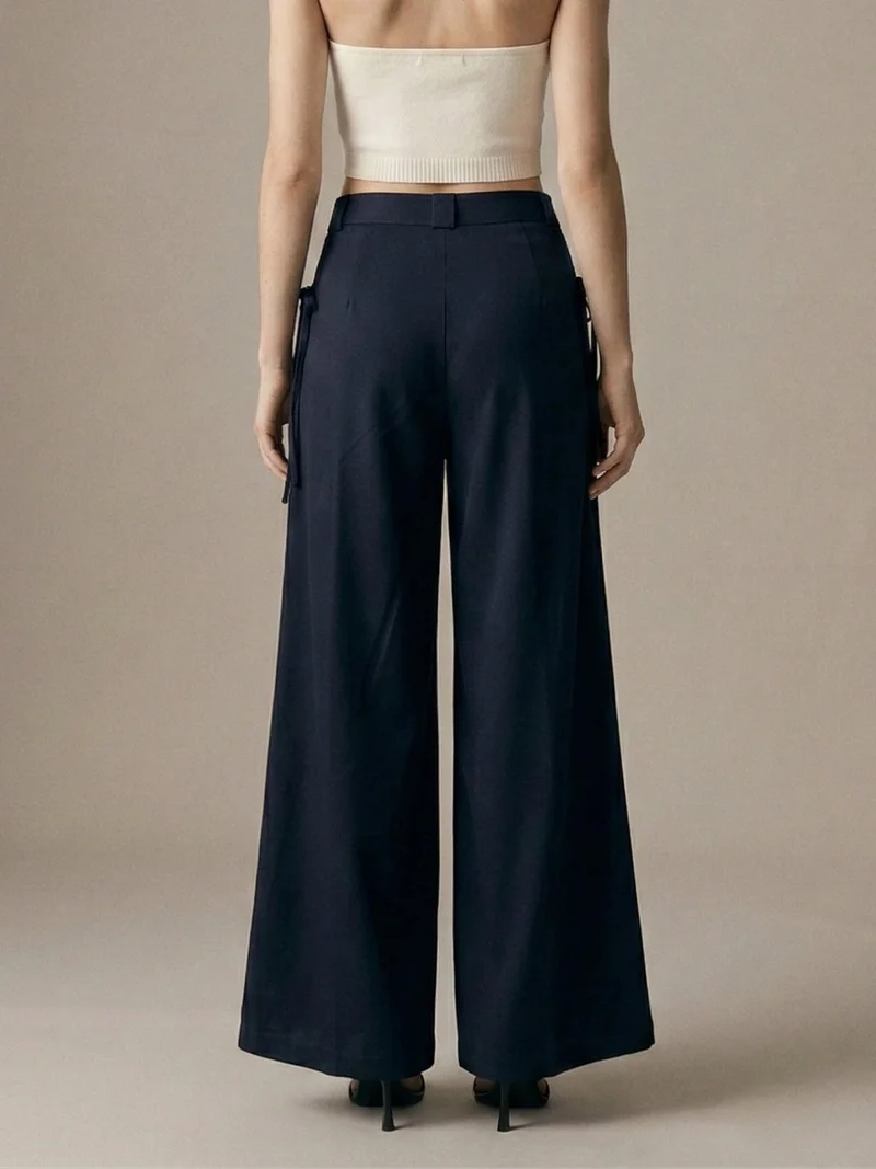 Outzidr  Navy Blue High-Waist Wide-Leg Baggie Pleated Trouser for Women | Best Price UAE