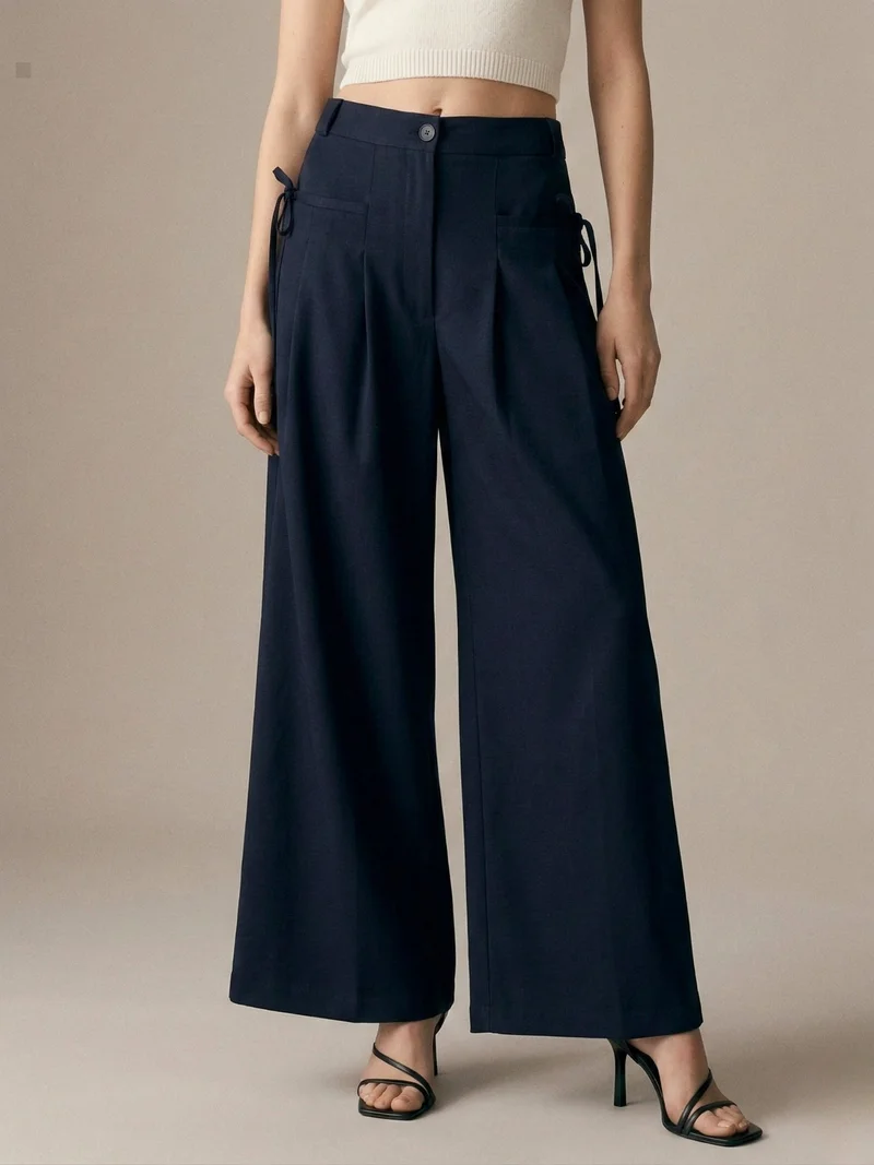 أوجيدر Navy Blue High-Waist Wide-Leg Baggie Pleated Trouser
