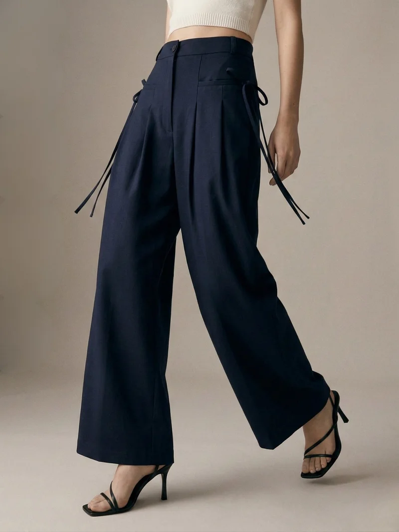 أوجيدر Navy Blue High-Waist Wide-Leg Baggie Pleated Trouser