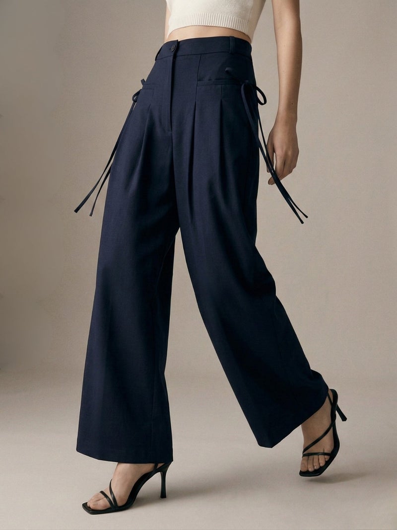 OUTZIDR Navy Blue High-Waist Wide-Leg Baggie Pleated Trouser - Image 2