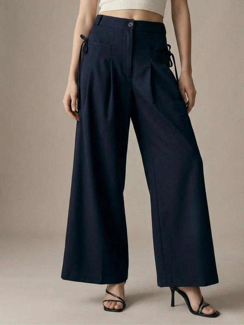 Outzidr  Navy Blue High-Waist Wide-Leg Baggie Pleated Trouser for Women | Best Price UAE