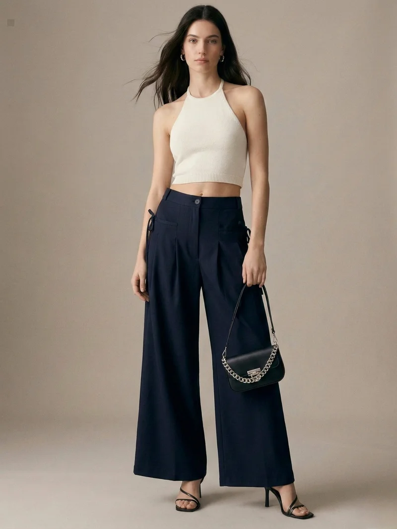 Outzidr  Navy Blue High-Waist Wide-Leg Baggie Pleated Trouser for Women | Best Price UAE