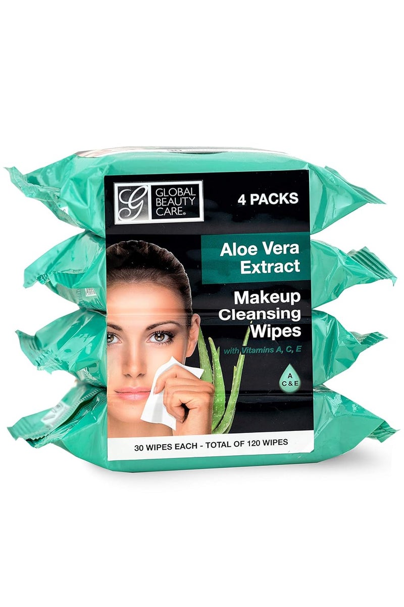 Global Beauty Care Aloe Vera Makeup Remover Disposable Facial Towelettes Ultra Soft For All Skin Types Moisturizing Refreshing  Skin Soothing Formula Convenient 120Ct 4 Packs of 30 Wipes