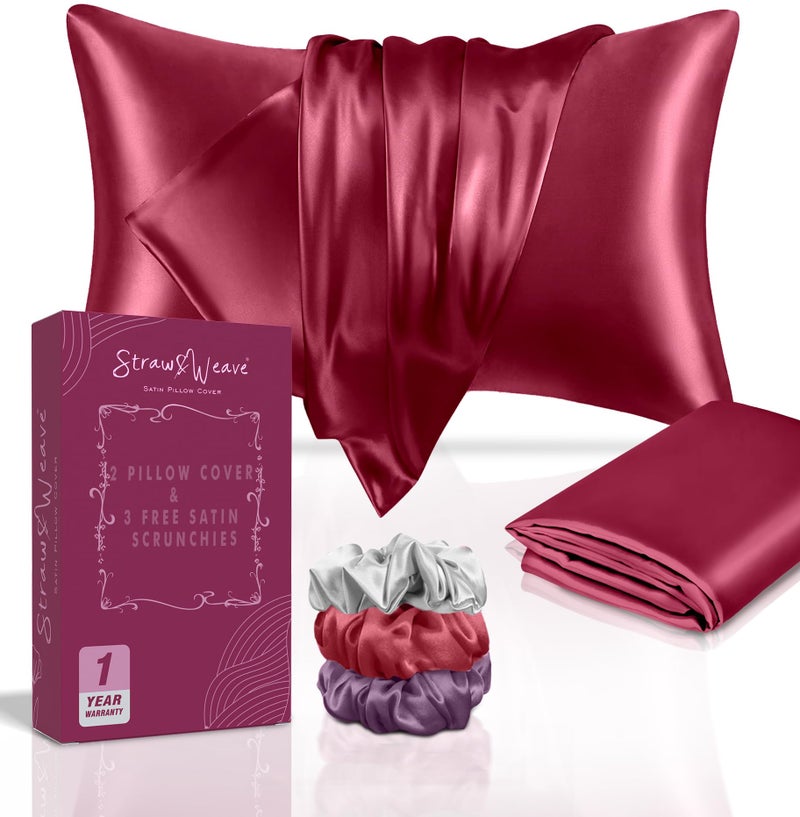 STRAW&WEAVE Satin Pillow Cover for Hair and Skin | 3 Months Warranty | with 2 Silk Pillow Cover & 3 Satin Scrunchies for Women - Image 1