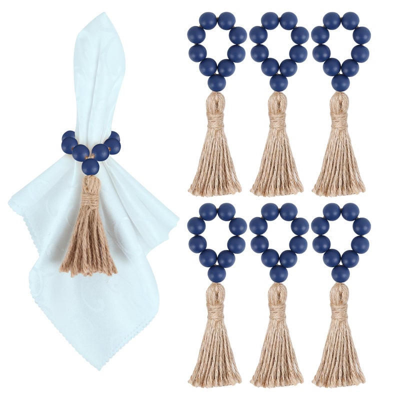Meplait 6 Pieces Wooden Bead Napkin Rings, Farmhouse Stretchable Napkin Rings with Tassel for Dining Table,Wedding Decoration (Navy Blue) - Image 1