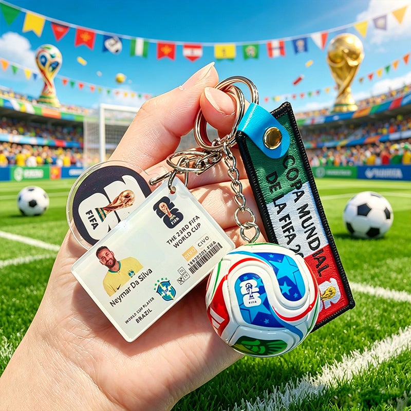 Football keychains featuring Messi, Neymar, Mbappe, and Ronaldo; US, Canada, and Mexico ornaments; 2026 World Cup small gifts.