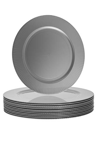 Exquisite 12 Count  1425 Inch Silver Plastic Plate Chargers And Disposable Plastic Serving Tray For Weddings And All Occasions  Plastic Charger Plates For Table Setting With Line Designed Rim