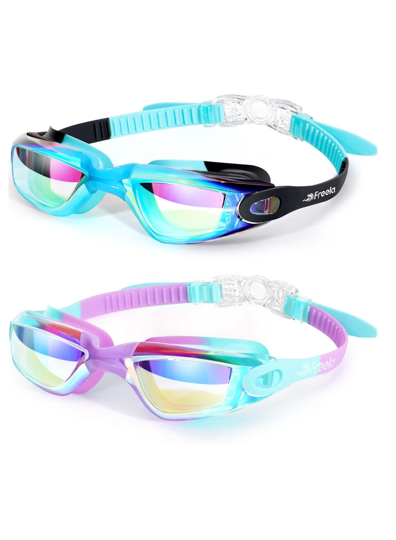 نظارات سباحة للأطفال - عبوة 2، نظارات سباحة للأولاد والبنات، للأعمار من 3-14، مضادة للضباب، حماية من الأشعة فوق البنفسجية، مانعة للتسرب - Image 1