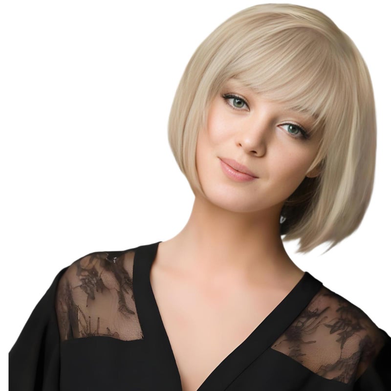 BECUS Blonde Bob Wig Blonde Wig with Bangs Wigs for White Women Heat Resistant Synthetic Straight Hair Replacement Colorful Cosplay Daily Party Use Halloween Daily Natural Looking 10InchBlonde