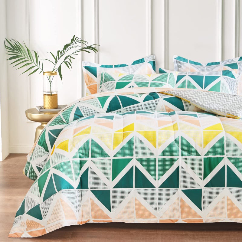 Green Yellow Bed in a Bag 7 Pieces King Size Comforter Sheet Set Triangles Print Microfiber Summer Soft Complete Bedding Set 1 Comforter 2 Pillow Shams 1 Flat Sheet 1 Fitted Sheet 2 Pillowcases