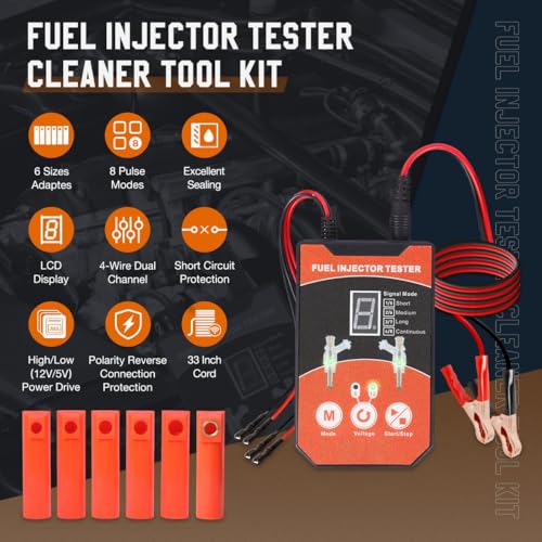 YUANRI Universal Fuel Injector Tester Cleaner Tool Kit, 6 Size Cleaning Adapters 8 Pulse Modes Injector Tester 12V/5V Output Power Drive, 4 Wire Dual Channel DIY Fuel Injector Cleaner Tools - Image 4
