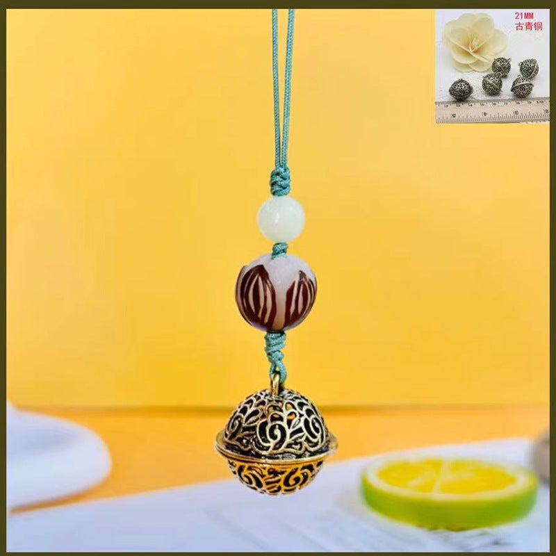 Diy Alloy Jewelry Keychain Accessories Flower Thousand Bone Palace Bell Pendant Mobile Phone Bag Charm Ancient Bell Bronze (Luminous Stone accessories) 21MM Bell mobile phone hanging with Bodhi root Lotus 