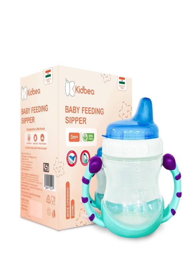 Kidbea Baby Feeding Sipper Cup Bottle | 200ml Wide Neck, Soft Silicone Spout, Anti-Spill, Dual Grip Handles & BPA Free | for Babies 3 Months+ (Blue) - Image 1