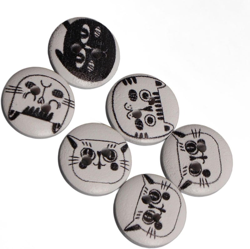 HEEPDD 500Pcs Round Knitting Buttons, Cartoon Wooden Buttons for Kids Crafts, 15mm Pearwood Cat Design Suitable for Cardigans and Bags 500Pcs Round Knitting, Assorted Nan (White Background Black - Image 1