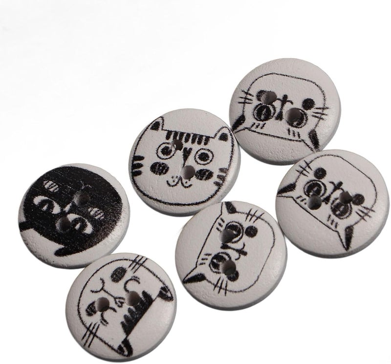 HEEPDD 500Pcs Round Knitting Buttons, Cartoon Wooden Buttons for Kids Crafts, 15mm Pearwood Cat Design Suitable for Cardigans and Bags 500Pcs Round Knitting, Assorted Nan (White Background Black - Image 4