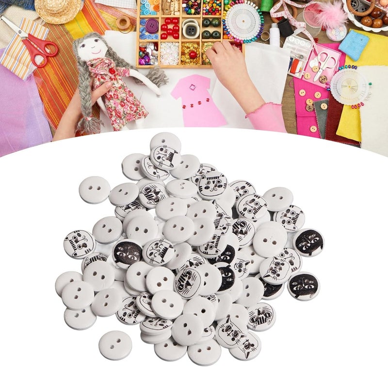 HEEPDD 500Pcs Round Knitting Buttons, Cartoon Wooden Buttons for Kids Crafts, 15mm Pearwood Cat Design Suitable for Cardigans and Bags 500Pcs Round Knitting, Assorted Nan (White Background Black - Image 2