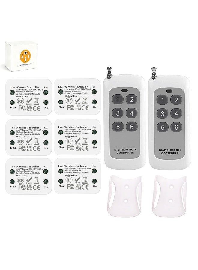 Wireless Smart Switch Kit, RF 433MHz Remote Light Control Switch, 10A Compact Receiver, No Wiring Required, 30m Indoor / 50m Outdoor Range, 6 Receivers + 2 Battery-Powered Remote Switches - Image 1