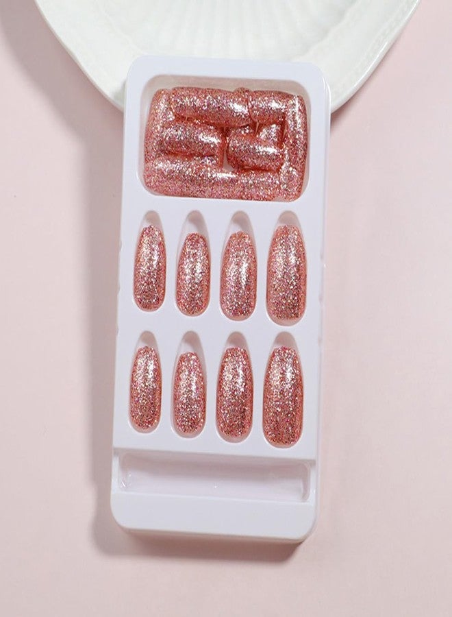 Hrnsnails Short Press On Nails Coffin Fake Nails with Pink Glitte Nail Press Ons Design, Artificial False Nails Press On Nail Kit Sparkly Stick On Nails for Women - Image 4