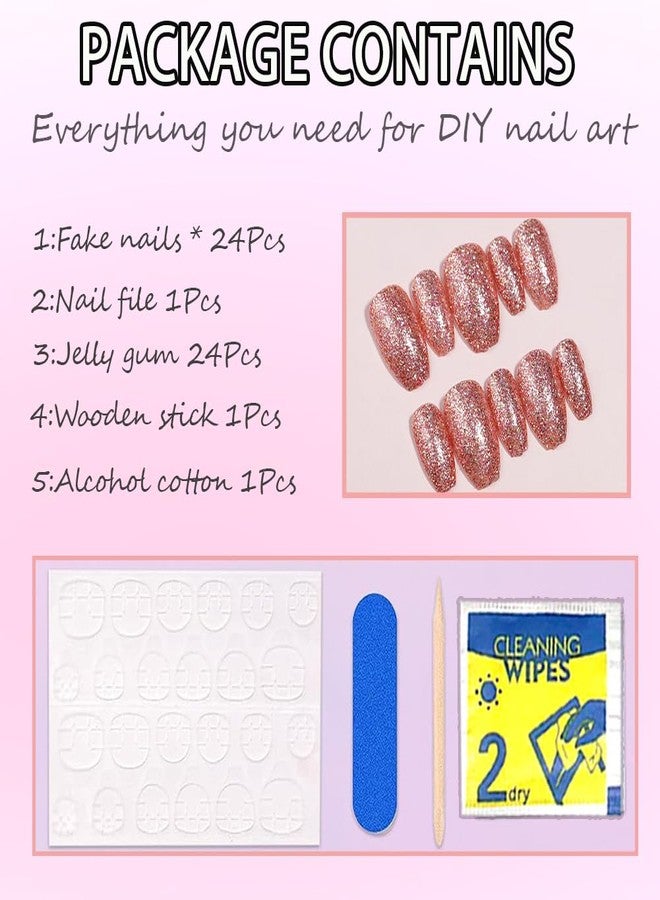 Hrnsnails Short Press On Nails Coffin Fake Nails with Pink Glitte Nail Press Ons Design, Artificial False Nails Press On Nail Kit Sparkly Stick On Nails for Women - Image 5