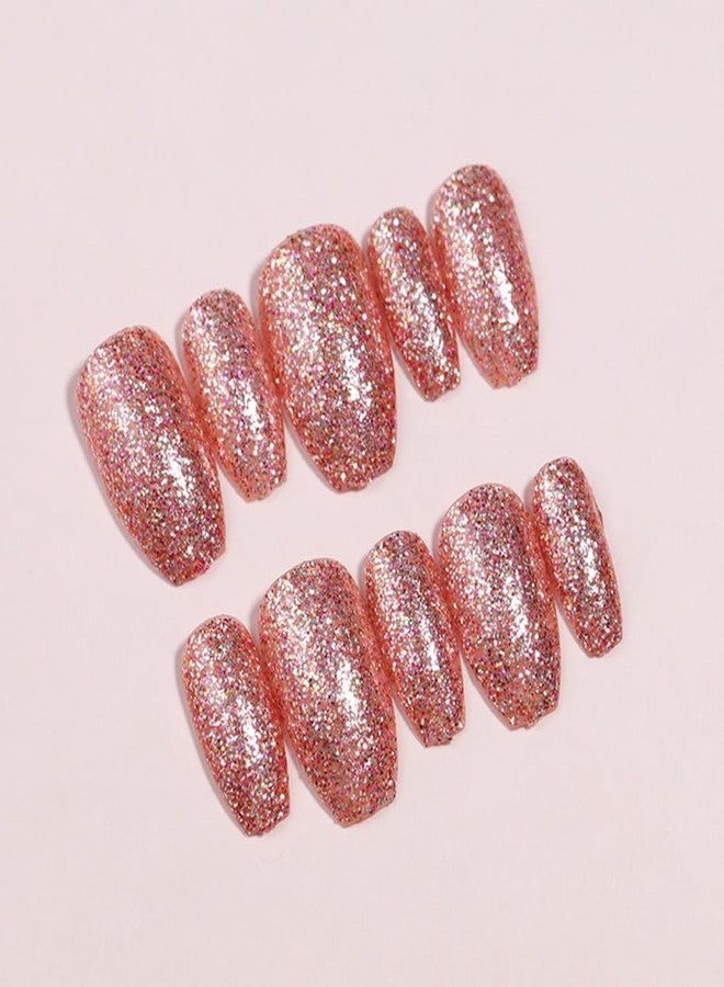Hrnsnails Short Press On Nails Coffin Fake Nails with Pink Glitte Nail Press Ons Design, Artificial False Nails Press On Nail Kit Sparkly Stick On Nails for Women - Image 3