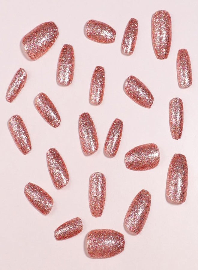Hrnsnails Short Press On Nails Coffin Fake Nails with Pink Glitte Nail Press Ons Design, Artificial False Nails Press On Nail Kit Sparkly Stick On Nails for Women - Image 2
