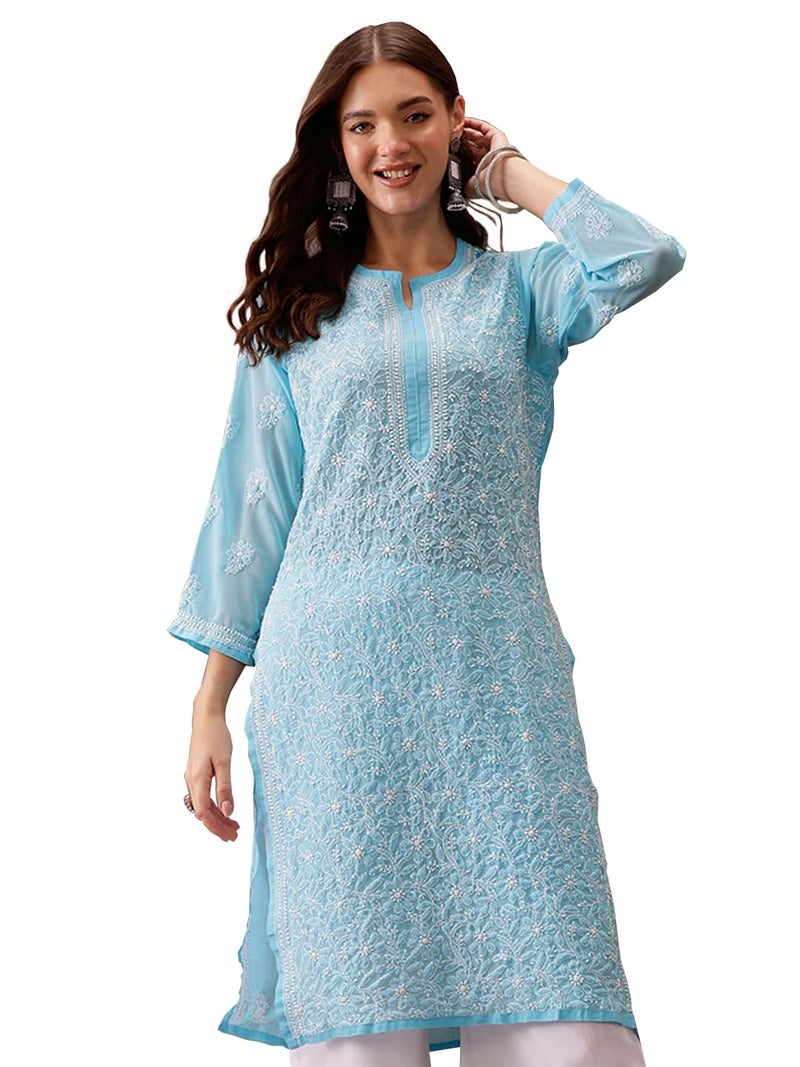 Ada Women Georgette Regular Fit Lucknowi Hand Embroidered Chikankari Straight Kurti Kurta A95484 Blue (3XL) - Image 1