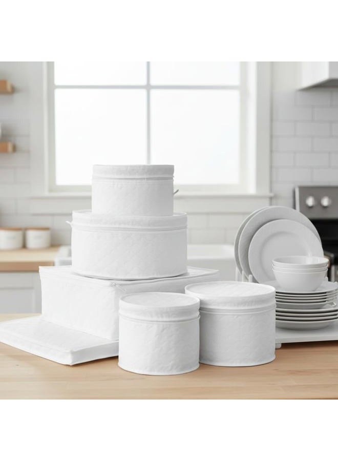 LAMINET 6 Piece Quilted Dinnerware Storage Starter Set - Includes 4 Plate Cases, 1 Cup Case & Platter Case - White - Image 1