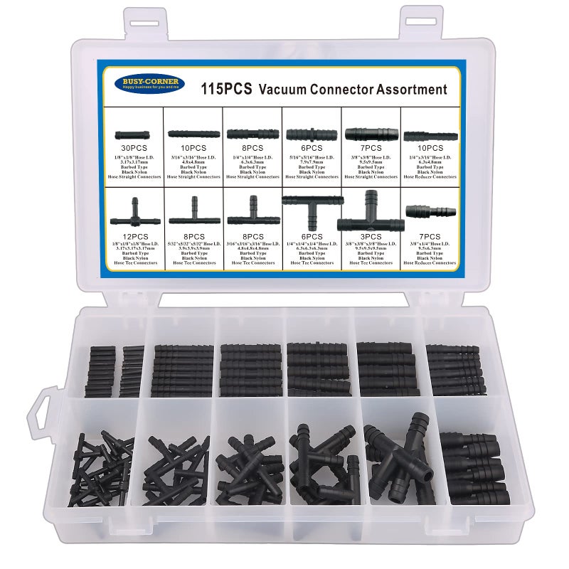 Vacuum Connector Assortment Heat Resistance 240℃（460℉）Automotive Vacuum Tubing Connector Vacuum Tee Connector Assortment Kit Nylon 115 Pieces BUSY-CORNER