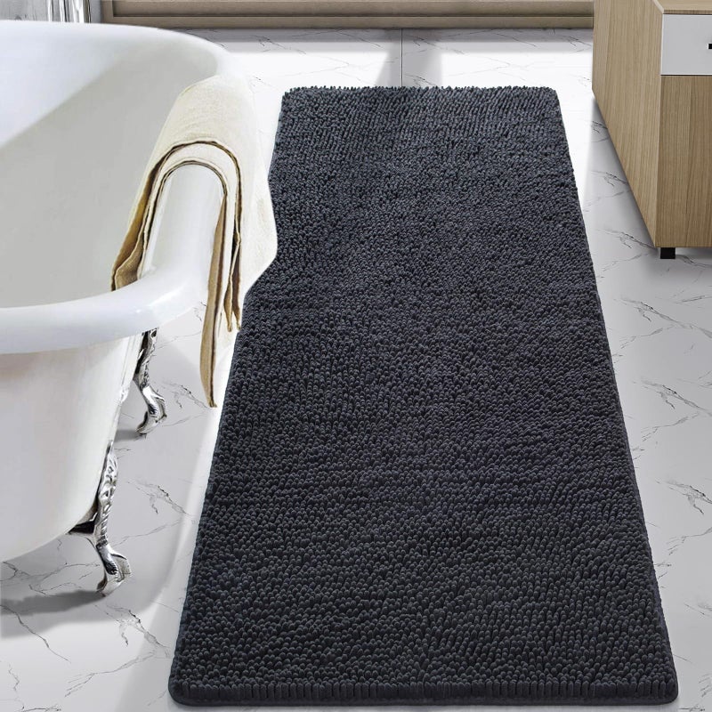 LOCHAS Luxury Bathroom Rug Shaggy Bath Mat 24 x 60 Inch, Washable Non Slip Bath Rugs for Bathroom Shower, Soft Plush Chenille Absorbent Carpets Mats, Dark Grey - Image 1