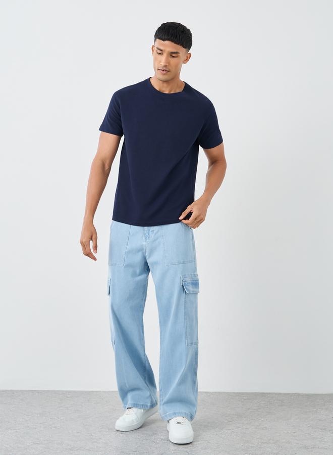 Styli Men Navy Blue Popcorn Textured Knit Crew Neck T-Shirt - Image 2